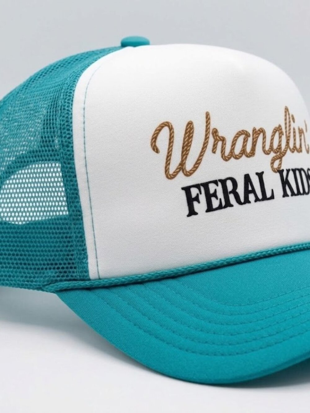 Retro Wranglin Feral Kids Foam Trucker Hat Teal White Rope Snapback Cap Mom Dad - Picture 3 of 4